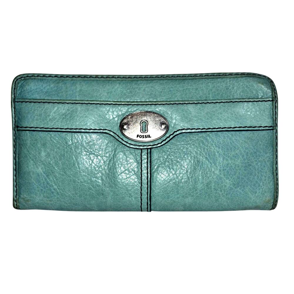 Vintage Fossil Maddox Women's Green Textured Leather Zip Around Clutch Wallet